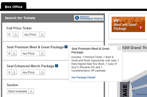 selling vip package tickets